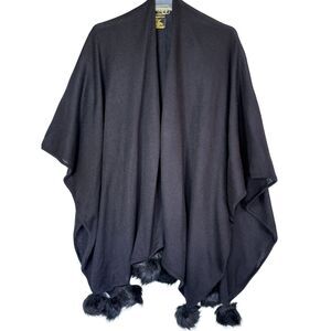 Vintage IVANA Black Shawl Wrap | Faux Fur Pom Trim | Made in Hong Kong | OS